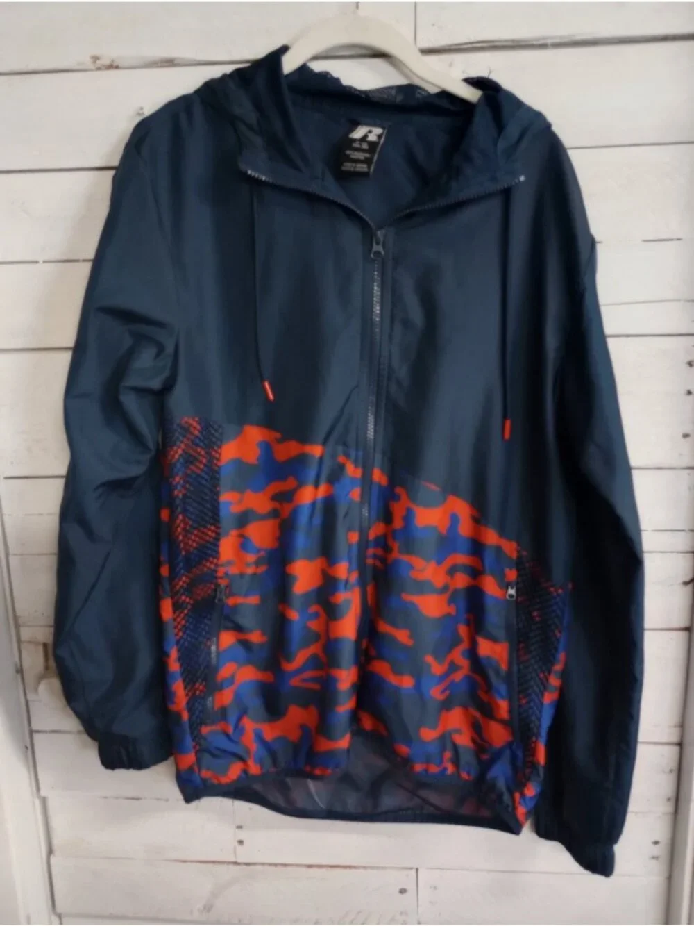 Russell Windbreaker Mens Jacket Small Blue Camouflage Full Zip Up Lightweight
